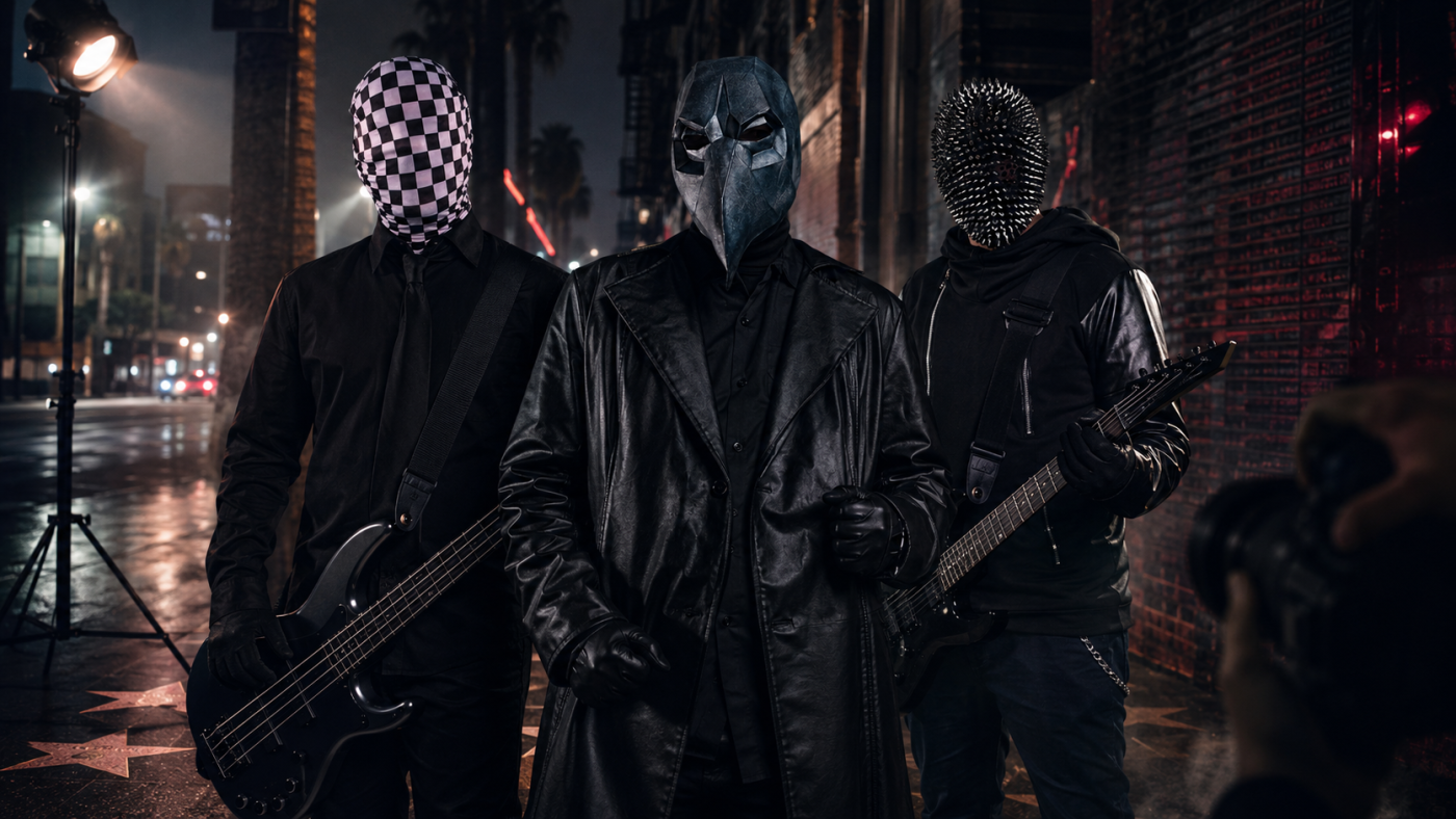 Three masked musicians in black outfits pose on a nighttime city street with guitars under dramatic lighting.