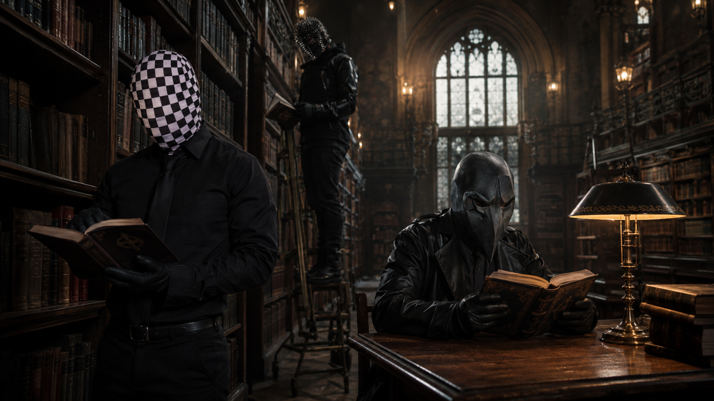 Three masked figures in black stand and sit among tall library shelves, each reading a book in a dark Gothic library.