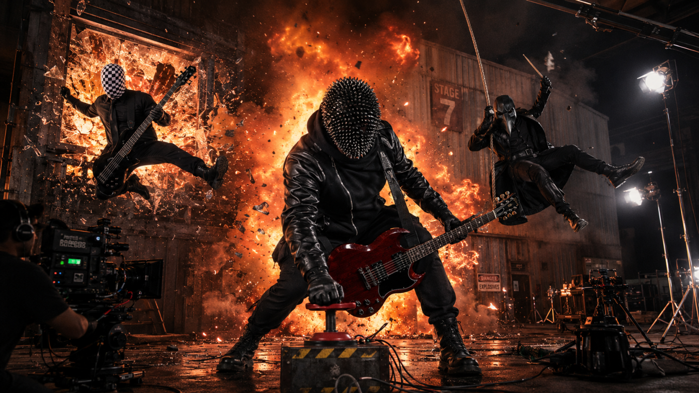 Three masked musicians perform on a fiery stage: central guitarist in a spiked hood grips a red electric guitar as flames erupt behind them.