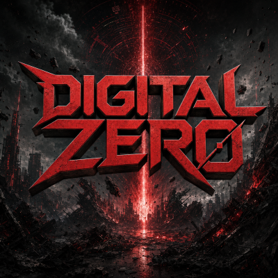 Bold red 'DIGITAL ZERO' title over a ruined city with a glowing red beam, conveying a futuristic, apocalyptic vibe.