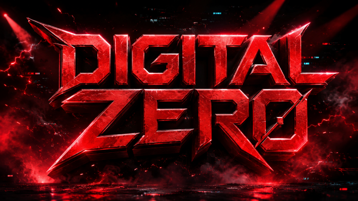 Bold 3D red logo reading 'DIGITAL ZERO' with fiery red background and smoke.