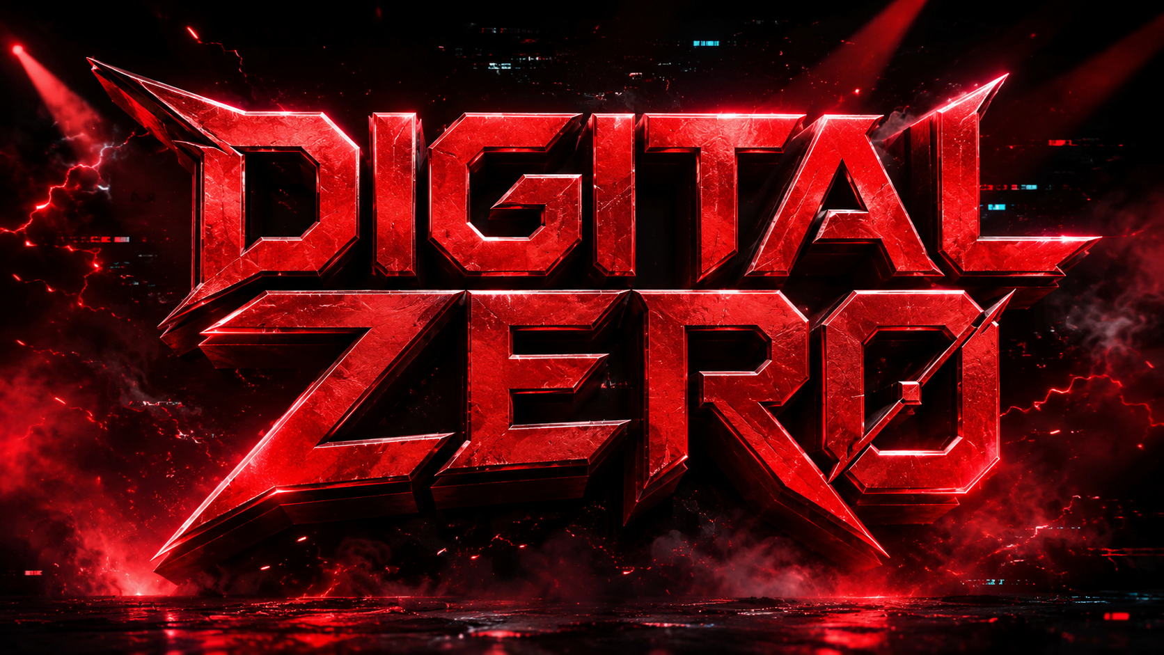 Bold 3D red logo reading 'DIGITAL ZERO' with fiery red background and smoke.
