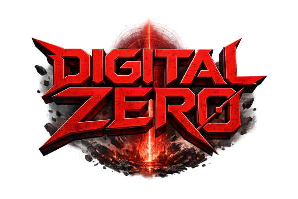 Bold red 3D 'DIGITAL ZERO' logo with cracked ground and a glowing red energy beam behind it like an explosion surface liftoff.