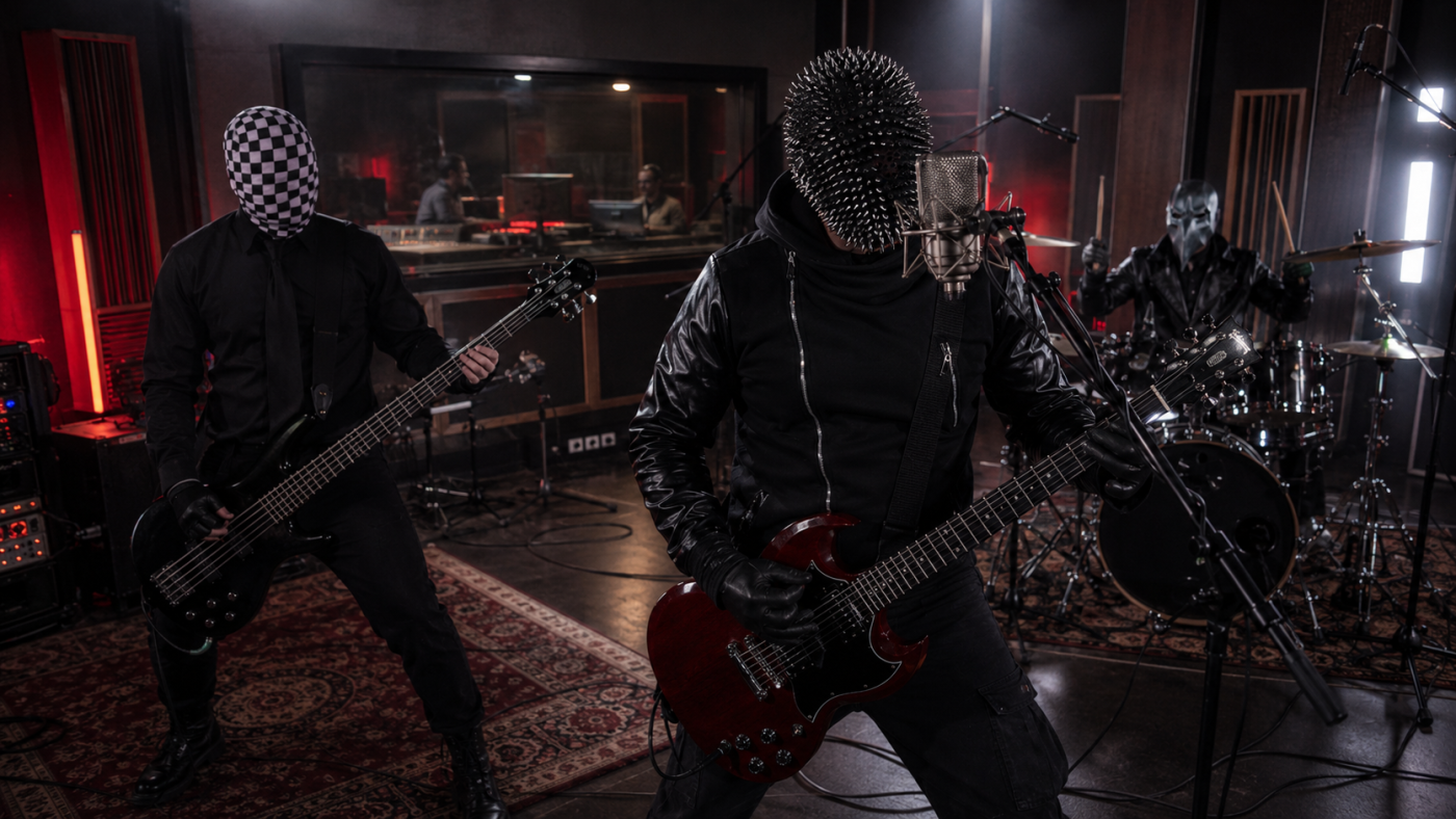 Three masked musicians perform in a dim recording studio: center guitarist in a spiked helmet sings into a microphone while playing red guitar; left guitarist with a checkered hood plays bass; drummer in the back wears a menacing mask behind a drum kit.