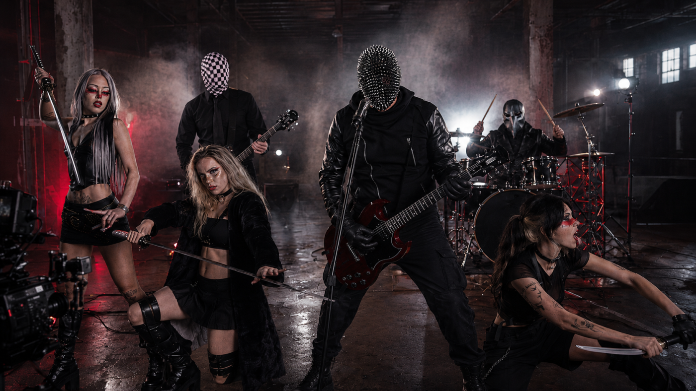 Industrial metal band performing in a dark, smoky warehouse; masked lead singer with a spiked hood, guitarist, bassist, drummer, and dancers with blades.]